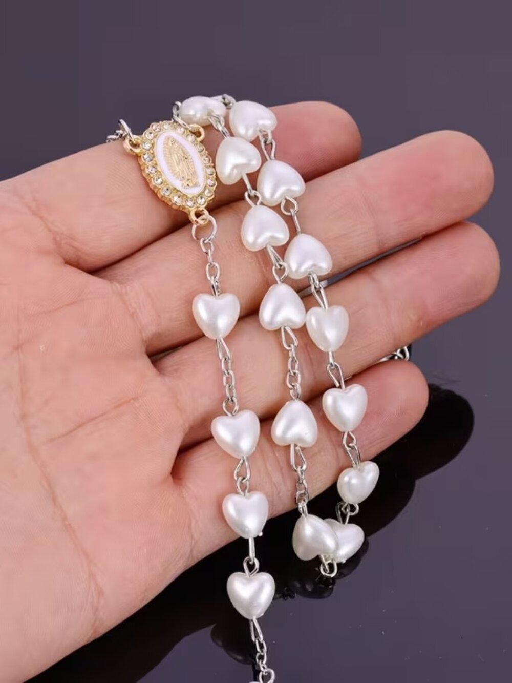 White heart-shaped resin prayer bead pendant necklace New